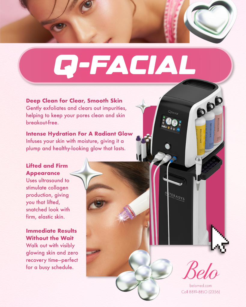 The image displays Q-Facial and how it can improve bad skin texture.